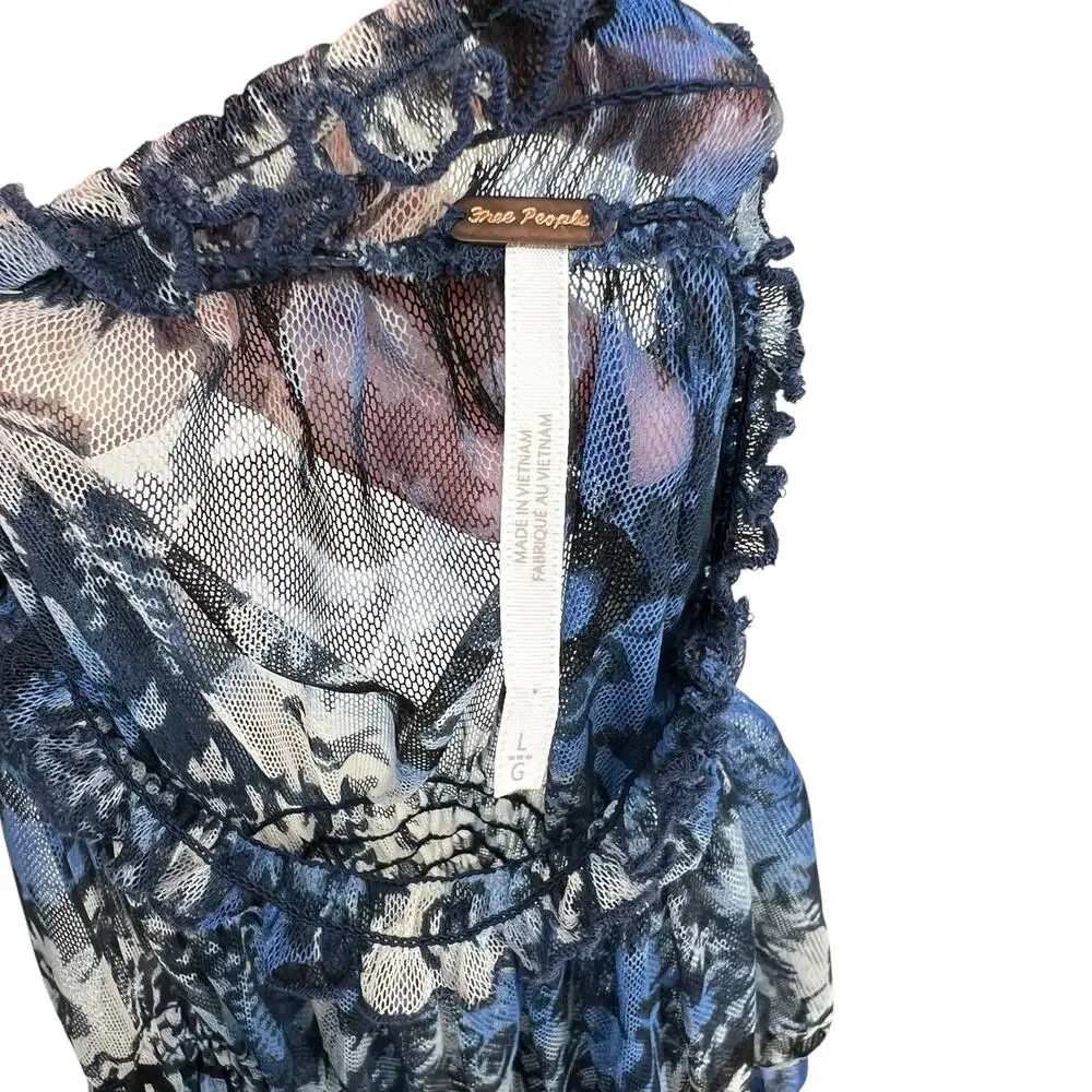 Free People Hello There Top‎ Blouse Smocked Flare Sleeve Mesh Floral Blue Large